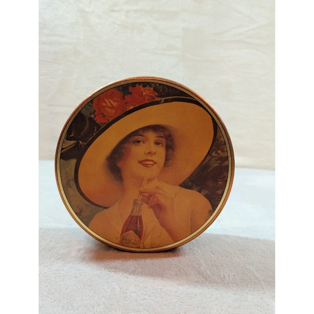 Vintage 1984 Coca-Cola Collectible Tin Girl With Hat Bristol Ware Round Gold 6in
